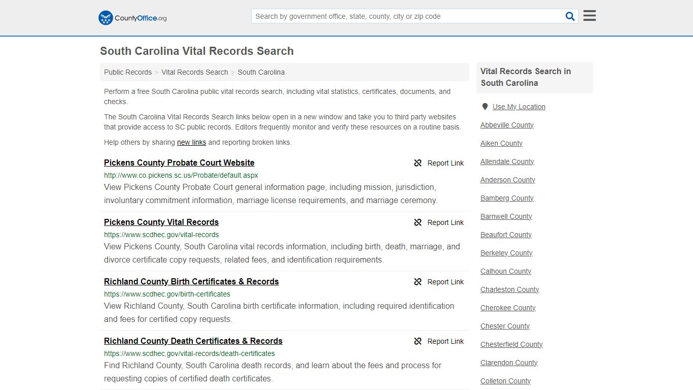 South Carolina Vital Records Search - County Office