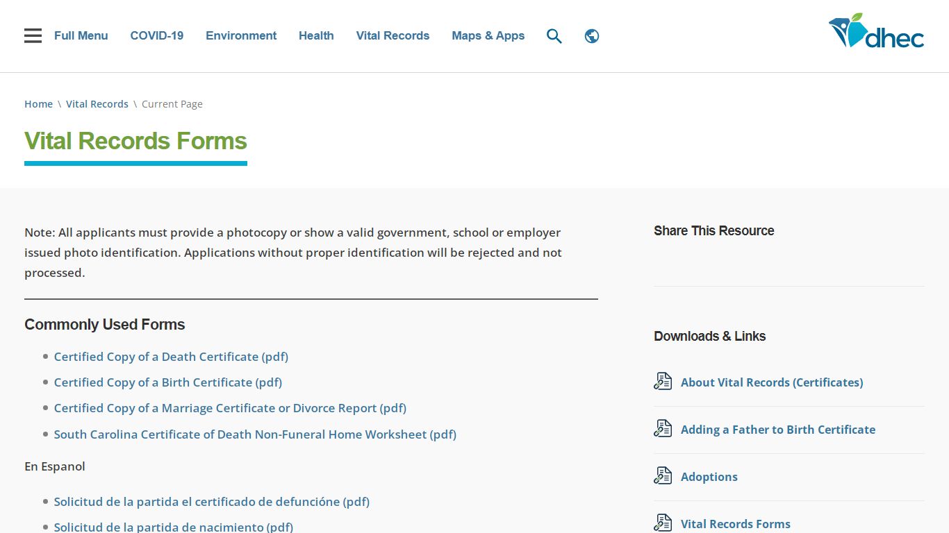 Vital Records Forms | SCDHEC