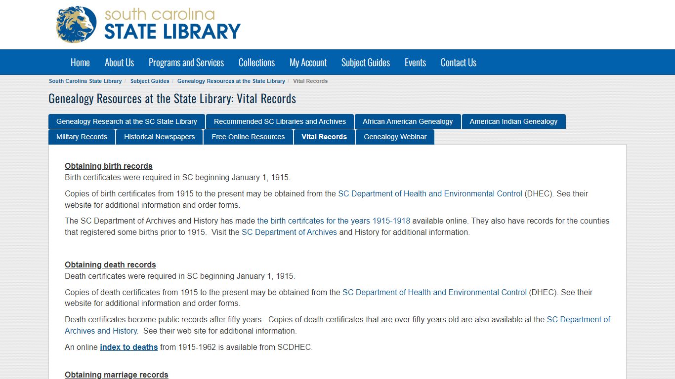 Genealogy Resources at the State Library: Vital Records - South Carolina